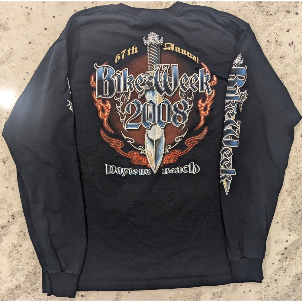 VTG Y2K Bike Week 2008 Mens L Blk Longsleeve Shirt Grunge Motorcycle Punk Faded